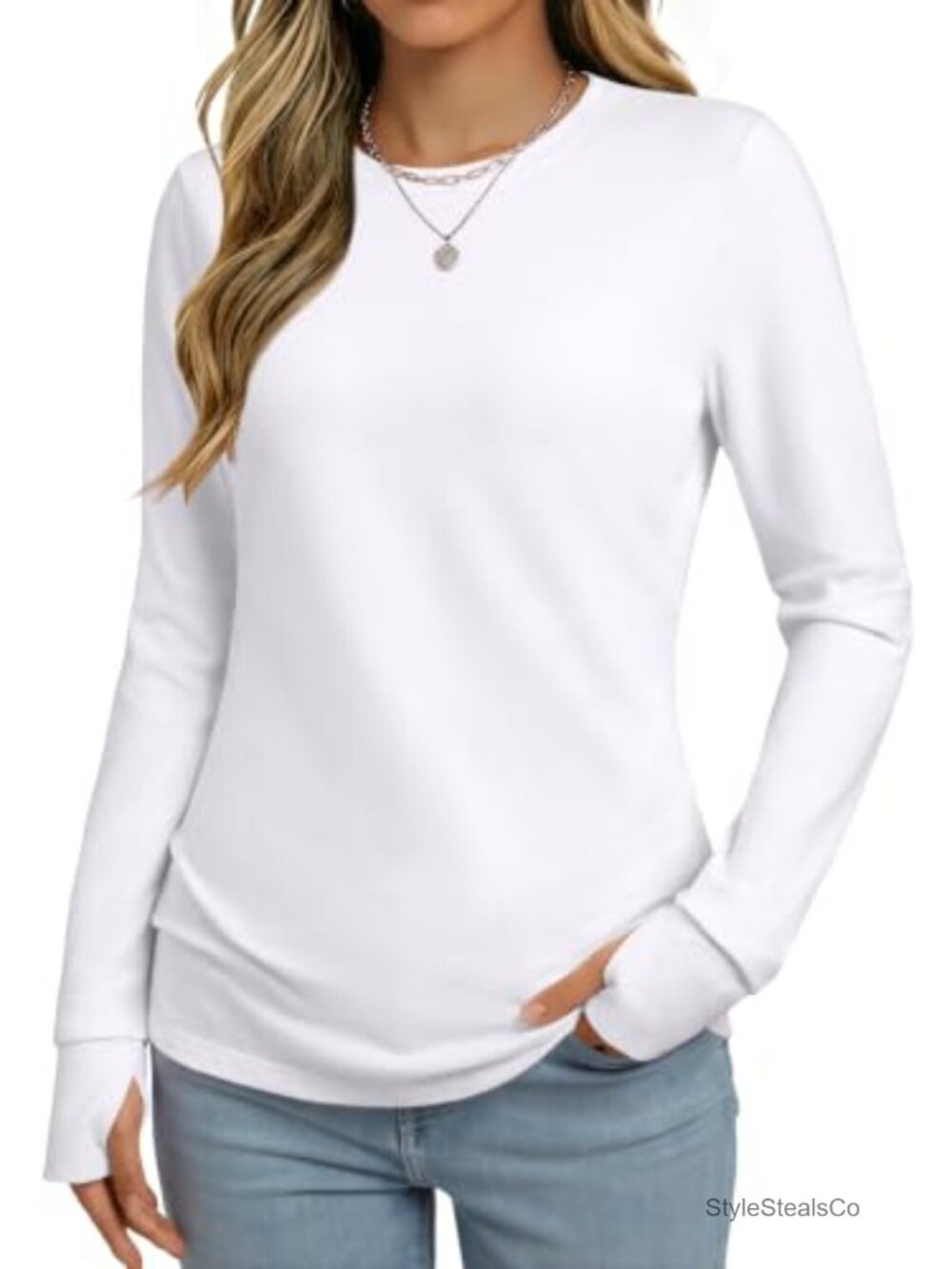 Women's Cotton Long Sleeve Tee with Thumb Holes Slim Fit Crewneck
